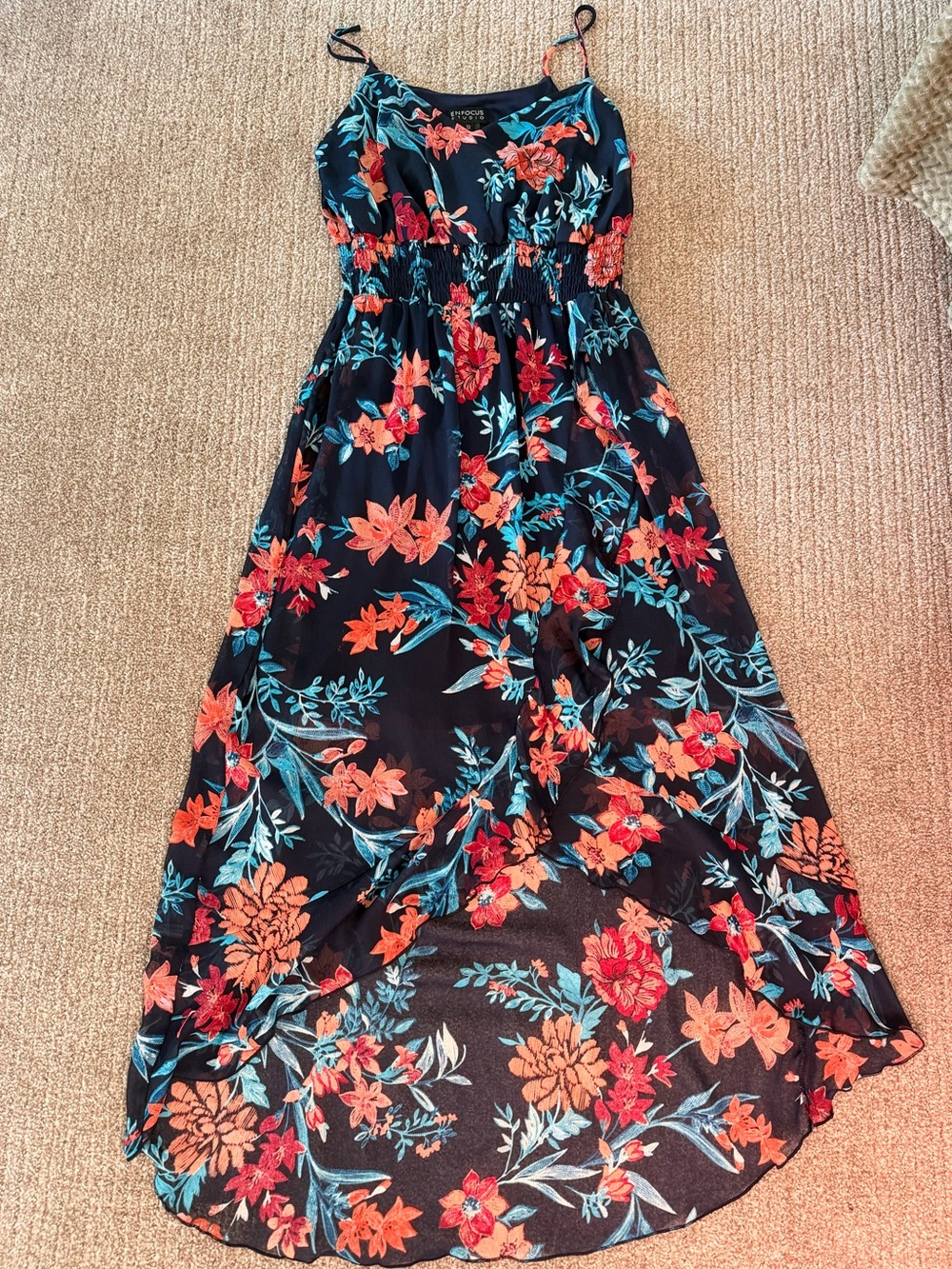 Enfocus Studio Navy Maxi Dress with Coral and Teal Floral Print